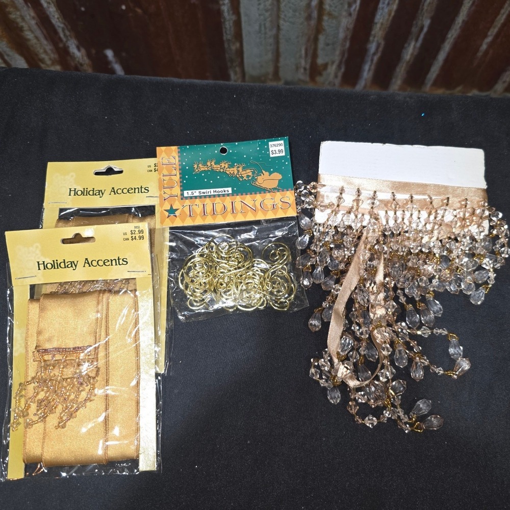 Holiday Accents Beaded Garland Gold Ribbon Crystal Trim Hooks